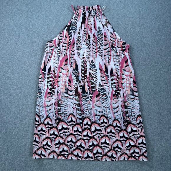 Pants Store Pink Feather Peacock Print Mini Dress Size Medium High Neck Halter - Picture 1 of 9